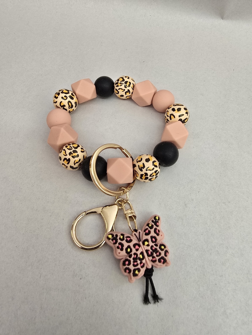 Pink and Leopard Beaded Bracelet Keychain with Butterfly Charm